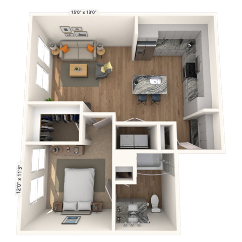 Floor plan for 1 bed, 1 bath, 801 sqft